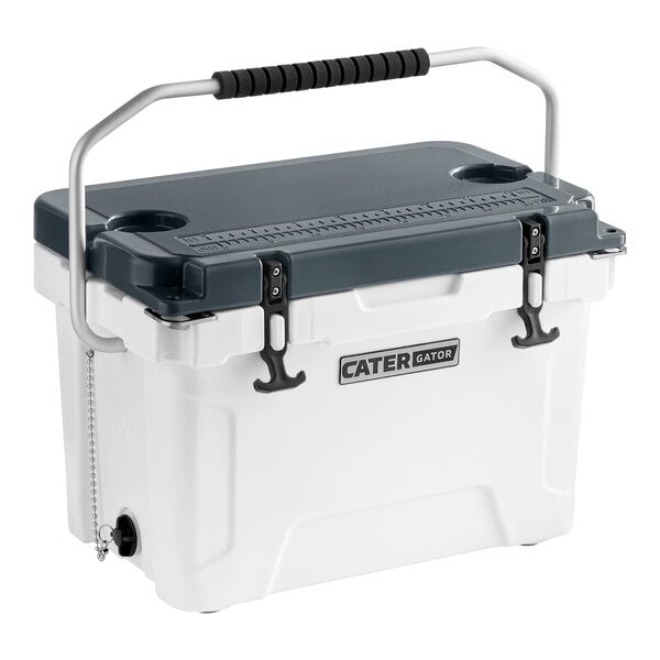 A white and grey CaterGator outdoor cooler with handles.