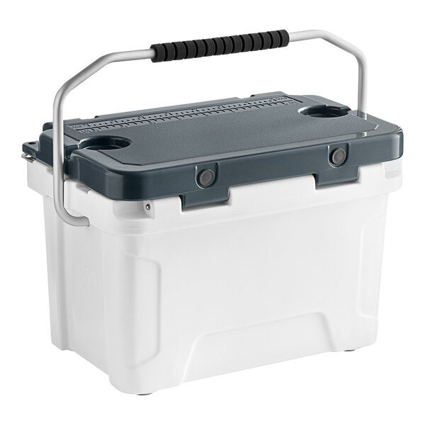 A white and black CaterGator outdoor cooler with handles.