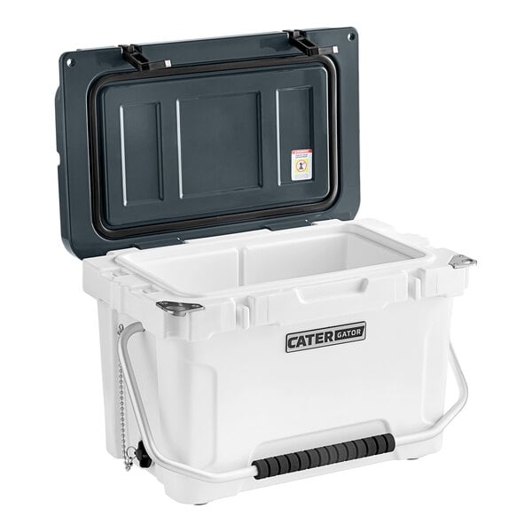 A white CaterGator outdoor cooler with a black lid and handle.