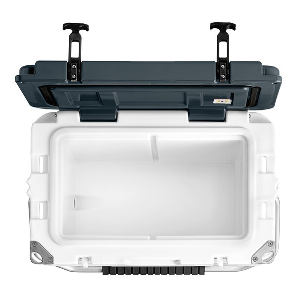 A white cooler with black handles.