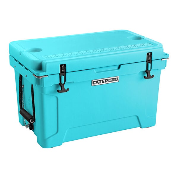 A sky blue CaterGator outdoor cooler with black handles.