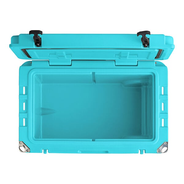 A sky blue CaterGator outdoor cooler with a white lid and black handles.