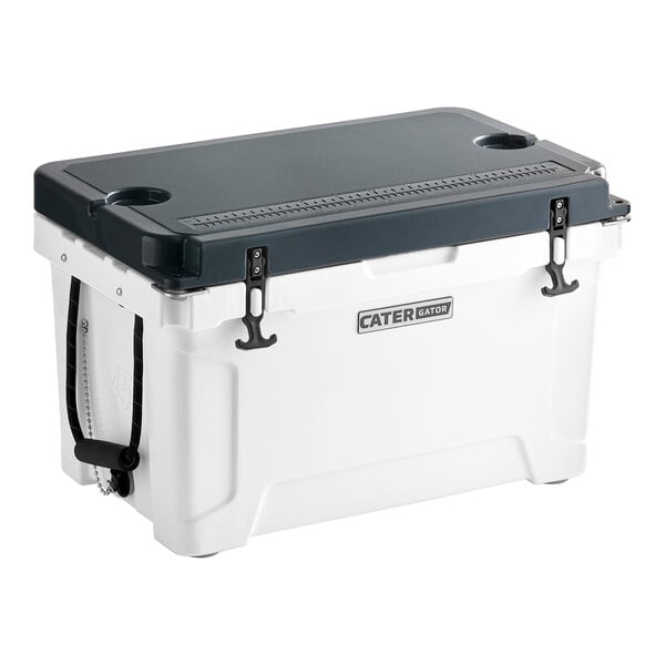 A white CaterGator outdoor cooler with black trim.