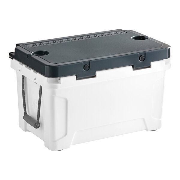 A white CaterGator outdoor cooler with black handles.