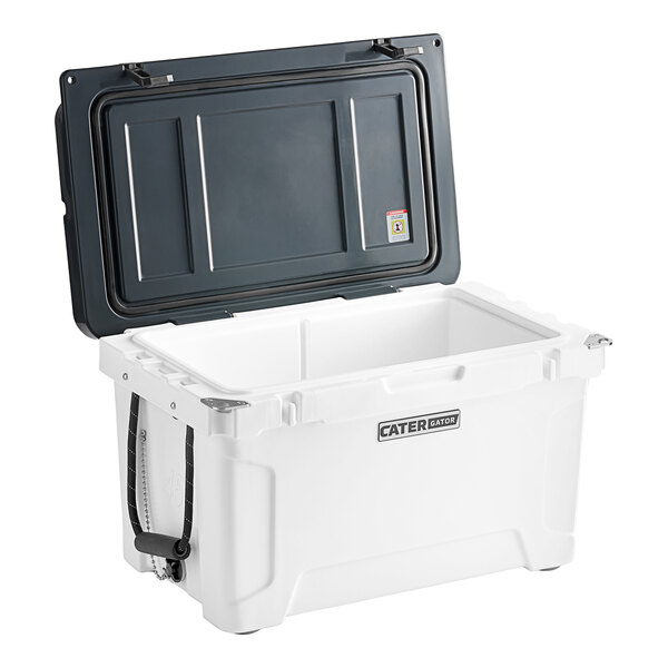 A white CaterGator outdoor cooler with the lid open.