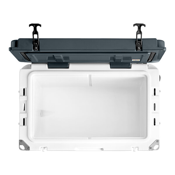 A white CaterGator outdoor cooler with black handles and an open lid.