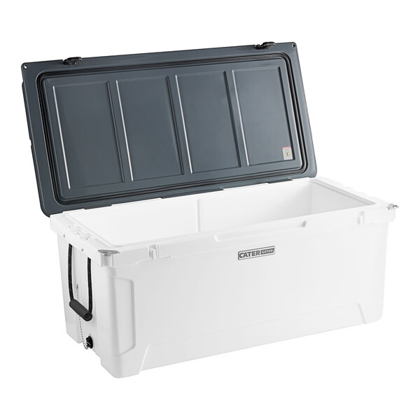 A white CaterGator outdoor cooler with the lid open.