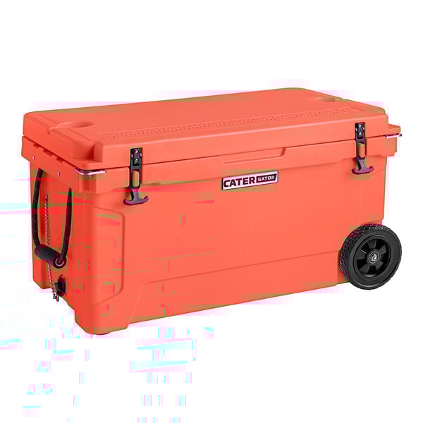 A red CaterGator outdoor cooler with wheels and a black handle.