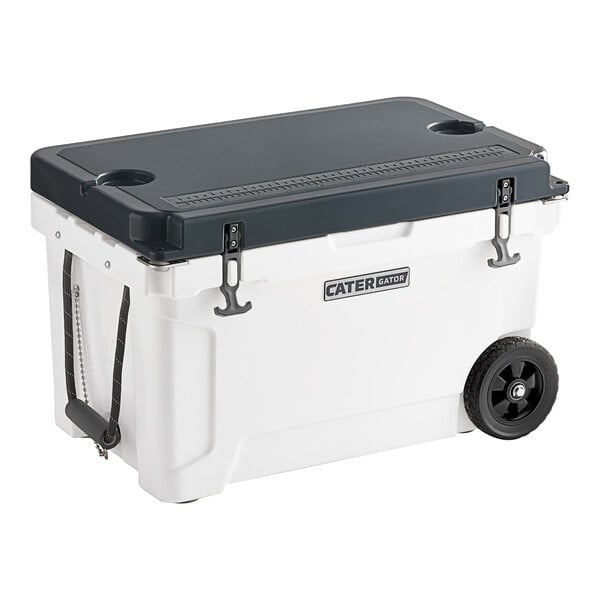 A white CaterGator outdoor cooler with black wheels and lid.