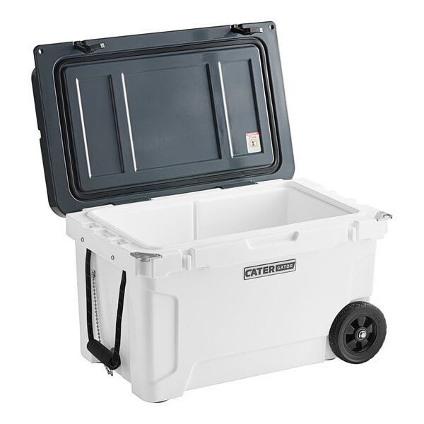 A white CaterGator outdoor cooler with black wheels and a lid.