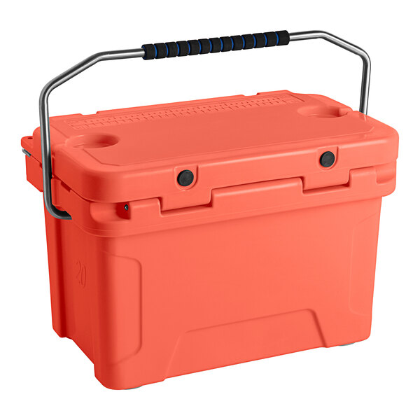 A coral CaterGator outdoor cooler with a handle.
