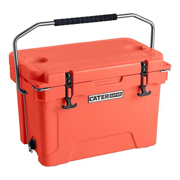 A red CaterGator outdoor cooler with black handles.