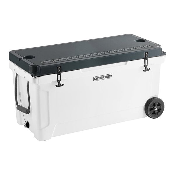 A white CaterGator outdoor cooler with black wheels and a black lid.