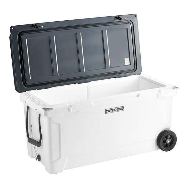 A white CaterGator outdoor cooler with wheels and an open lid.