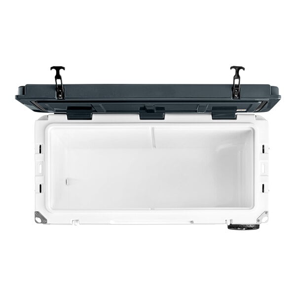 A white CaterGator outdoor cooler with black handles.