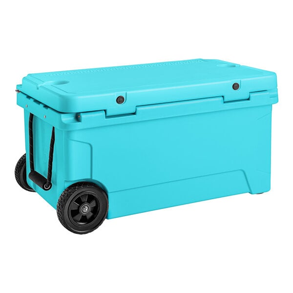 A CaterGator sky blue outdoor cooler with wheels.