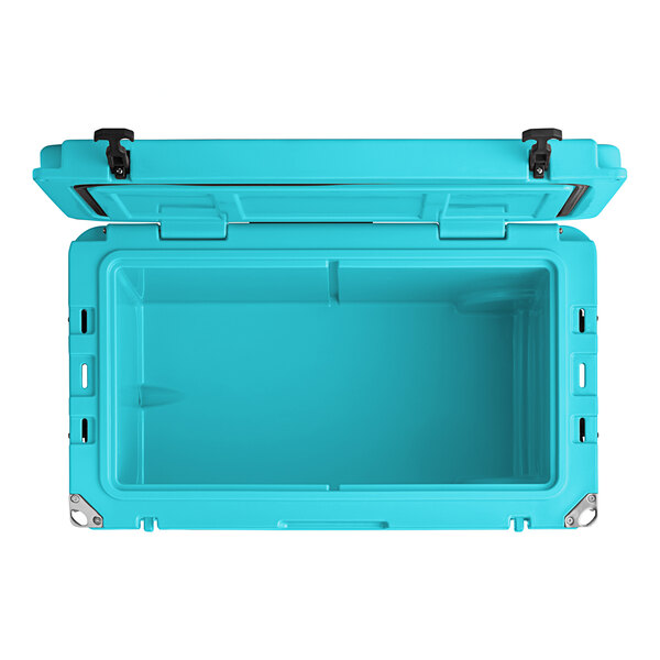 A sky blue CaterGator outdoor cooler with the lid open.
