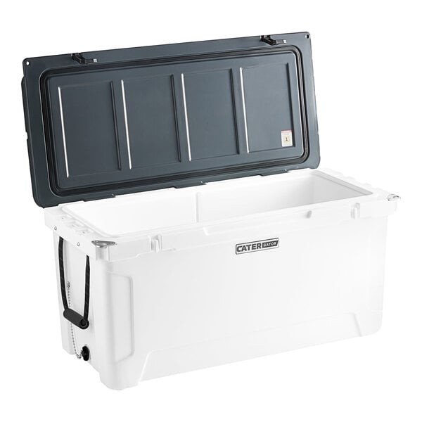 A white CaterGator outdoor cooler with the lid open.