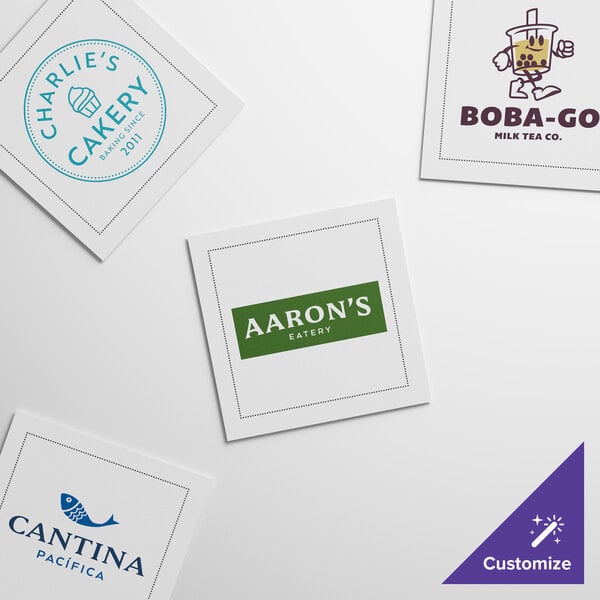 A set of customizable white single-use cotton beverage napkins featuring various business logos.