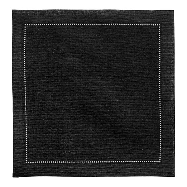 A black cloth napkin with white stitching.