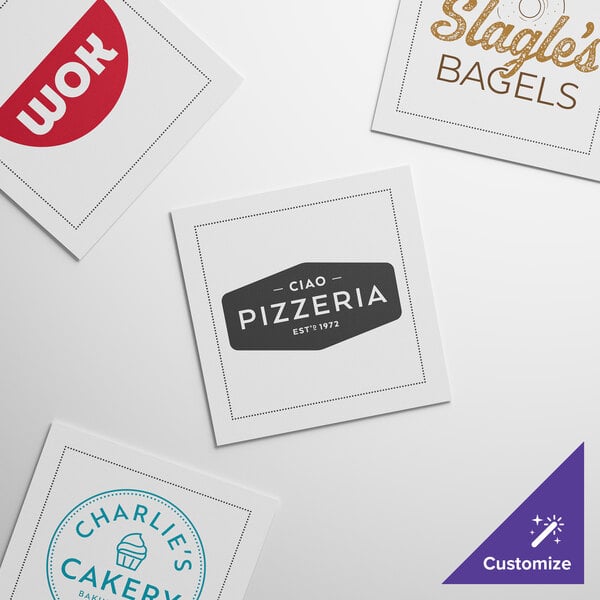 A set of customizable white single-use cotton dinner napkins featuring various printed restaurant logos.