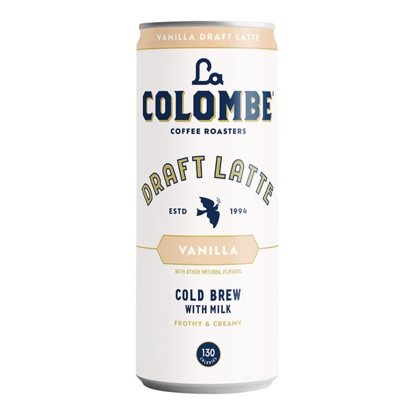 A case of 12 La Colombe Vanilla Latte cans with white labels and yellow text.