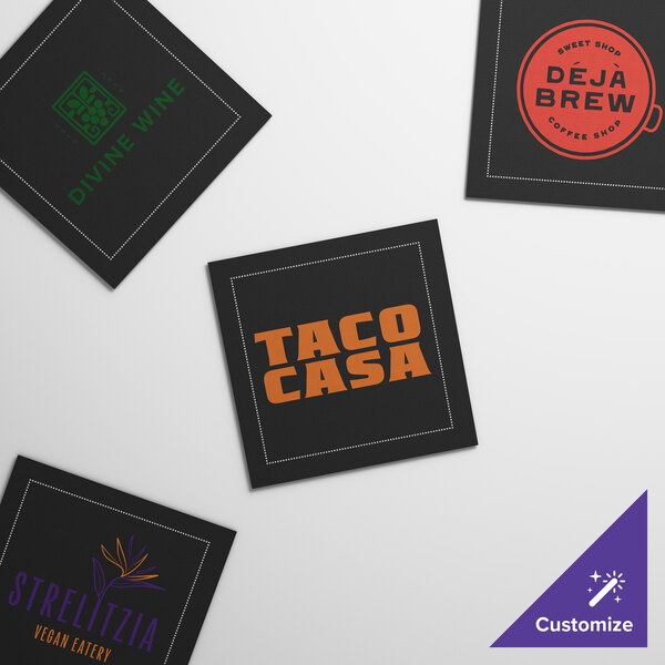 A group of black square Choice beverage napkins with different colored logos including green, purple, and orange text.