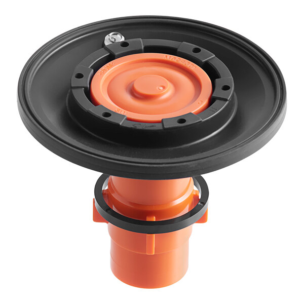 An American Standard diaphragm assembly for a toilet flush valve with black and orange plastic parts.