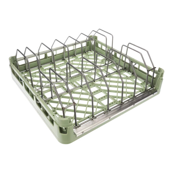 An American Dish Service green plastic dish rack with metal rods.