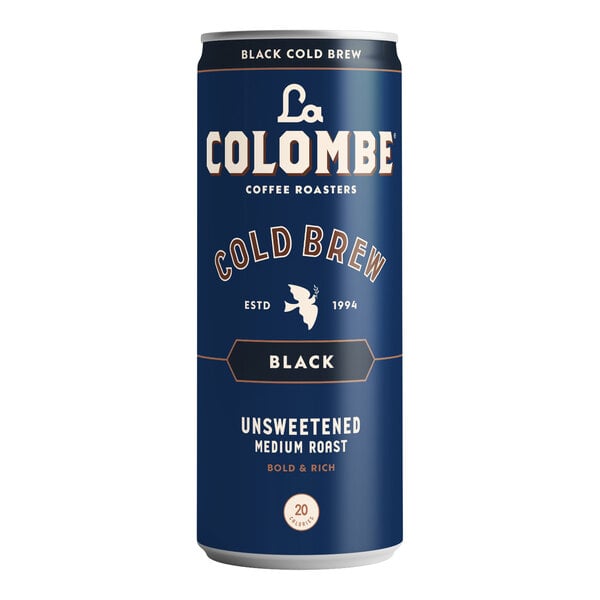 A blue La Colombe Brazilian Cold Brew Coffee can with white text and a white angel on the label.