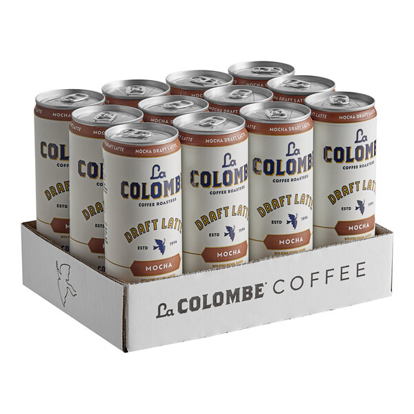 A box of 12 La Colombe Mocha Draft Latte cans on a table.
