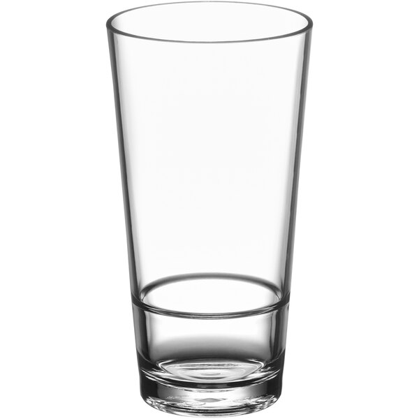 An Acopa Endure stackable cooler glass with a clear rim on a white background.