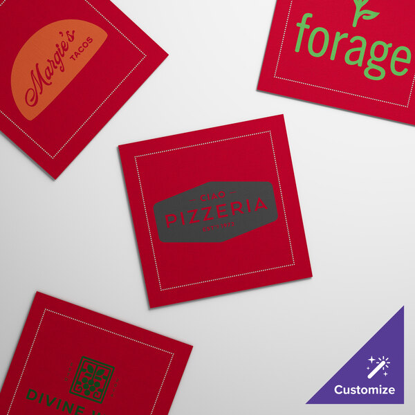 A set of customizable red single-use cotton dinner napkins featuring various restaurant logos.