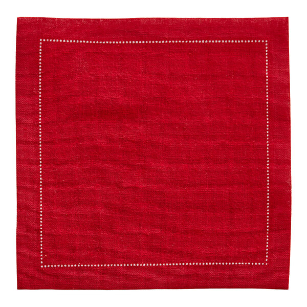 A red cotton cloth napkin with white stitching.
