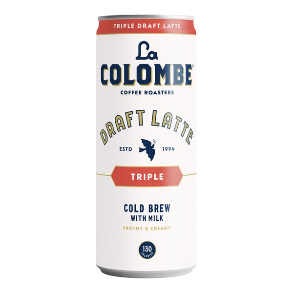 A can of La Colombe Triple Draft Latte with a white label and yellow text.