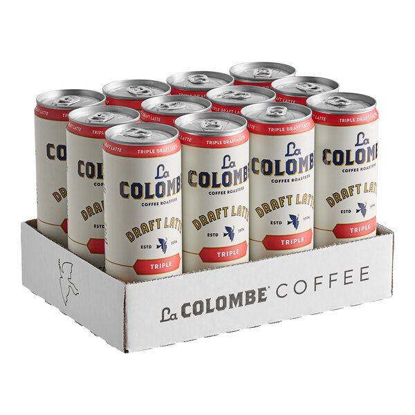 A box of 12 white La Colombe Triple Draft Latte cans.