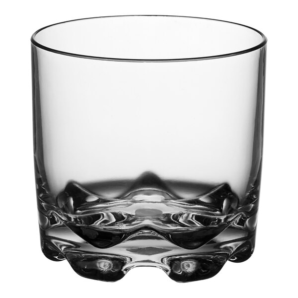 An Acopa Endure clear Tritan plastic rocks glass with a wavy edge and curved bottom.