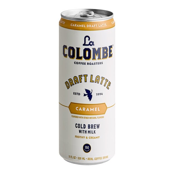 A white La Colombe Draft Latte can with blue and yellow text.