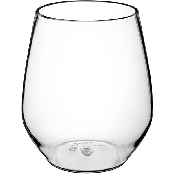 An Acopa plastic stemless wine glass with a white background.