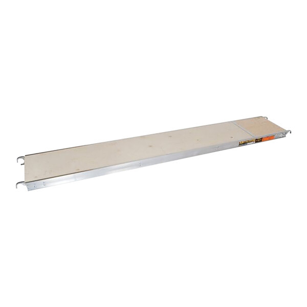 A white rectangular Metaltech aluminum scaffolding platform with plywood deck.