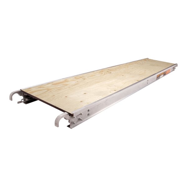 A Metaltech aluminum scaffolding platform with a wooden deck.