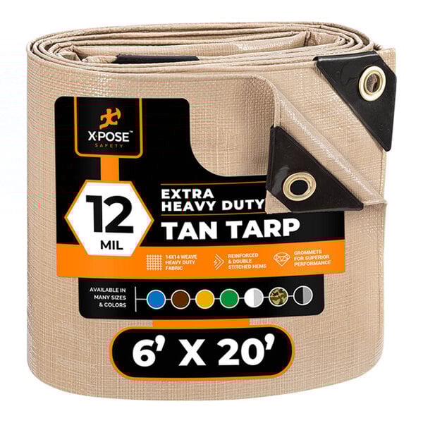 A tan Xpose Safety tarp with black and orange labels.