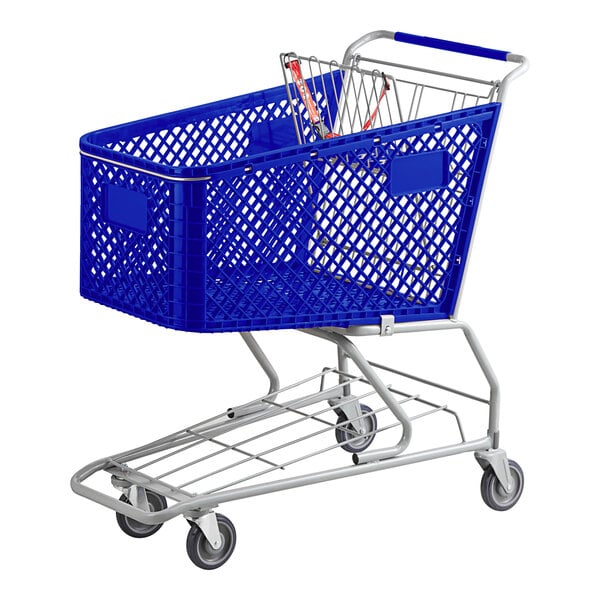 A Regency blue plastic grocery cart with wheels.