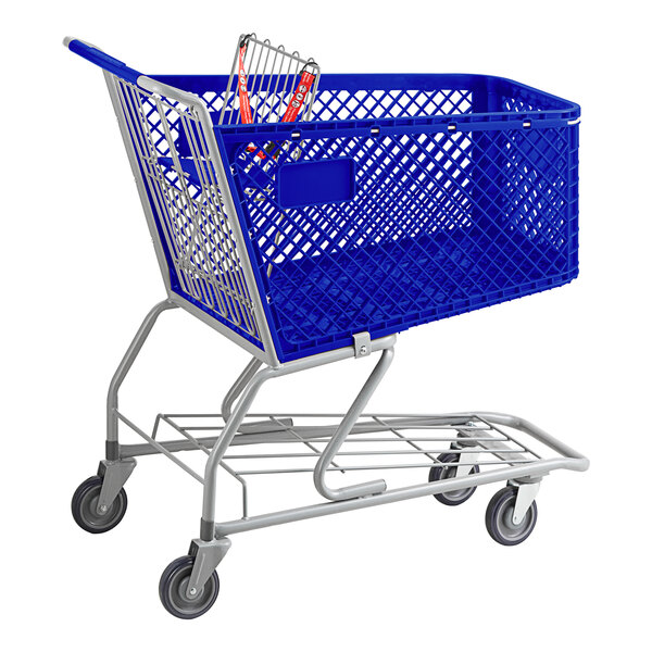 A Regency blue plastic grocery cart with a shopping bag in it.
