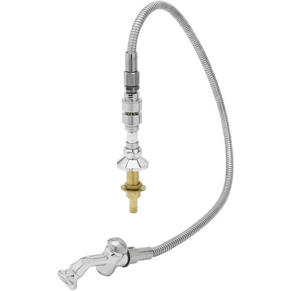 A T&S silver deck mounted pre-rinse faucet with a stainless steel hose.