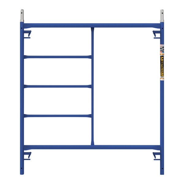 A blue Metaltech scaffolding frame with three rungs.