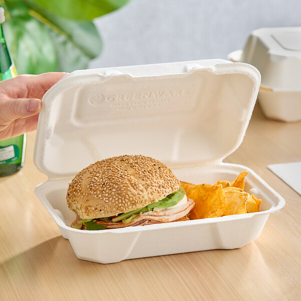 A hand holding a sandwich and chips in a Fabri-Kal Greenware eco-friendly hinged container.