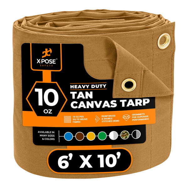 A tan Xpose Safety heavy-duty poly canvas tarp in packaging with black and white labels.