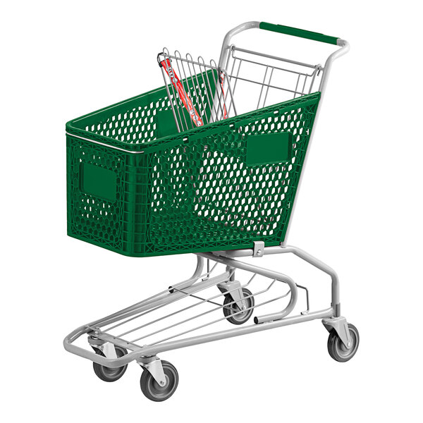 A Regency green plastic grocery cart with wheels.