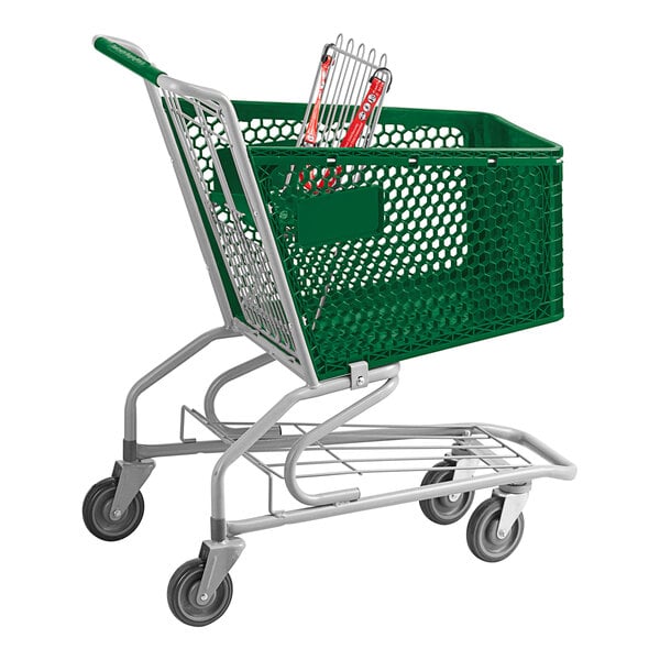 A green Regency plastic grocery cart with a green basket.